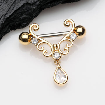Detail View 1 of A Pair of Golden Royal Heart Filigree Sparkle Dangle Nipple Shield-Clear Gem